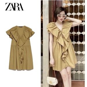 NEW! Zara Flounce Ruffle V-Neck Poplin Mini Dress Olive Green SZ M